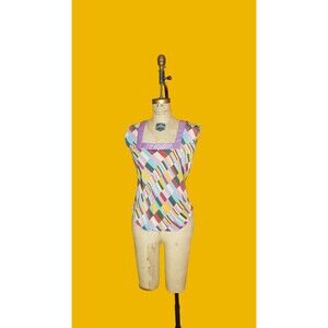 Y2K NU MULTICOLOR Abstract Geometric SILK Blouse W/Square Neckline. S-M. AS IS